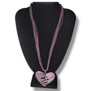 Heart Pendant Statement Necklace Purple Metal Cord Women's Jewelry Lagenlook